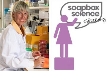 Astrid von Mentzer i labbrock i labbet och Soapbox Sceinces logotyp